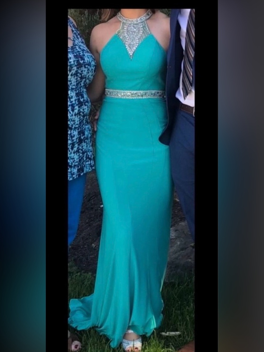 Beaded Halter-Top Teal Prom Dress